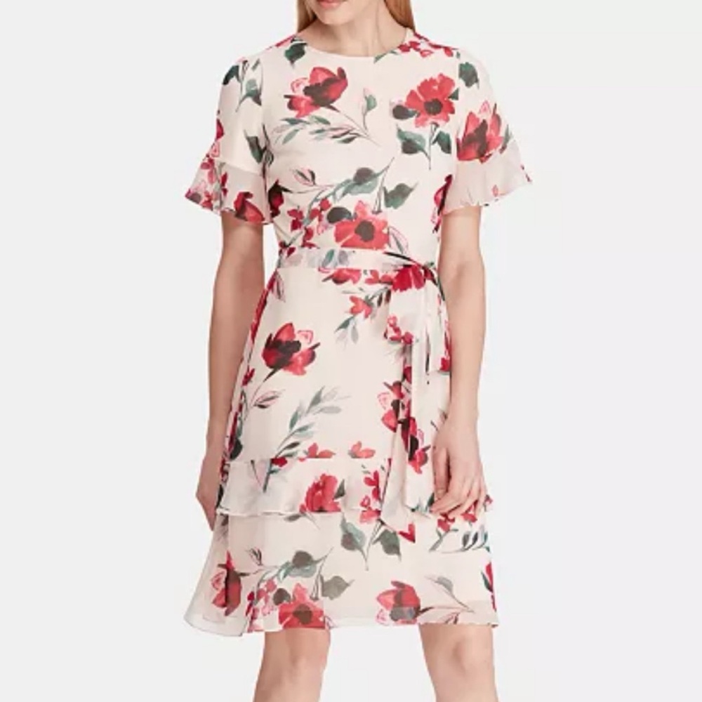 NWT Lauren Ralph Lauren Floral Print Georgette Dress Pink Rose SZ 12 - Picture 1 of 16